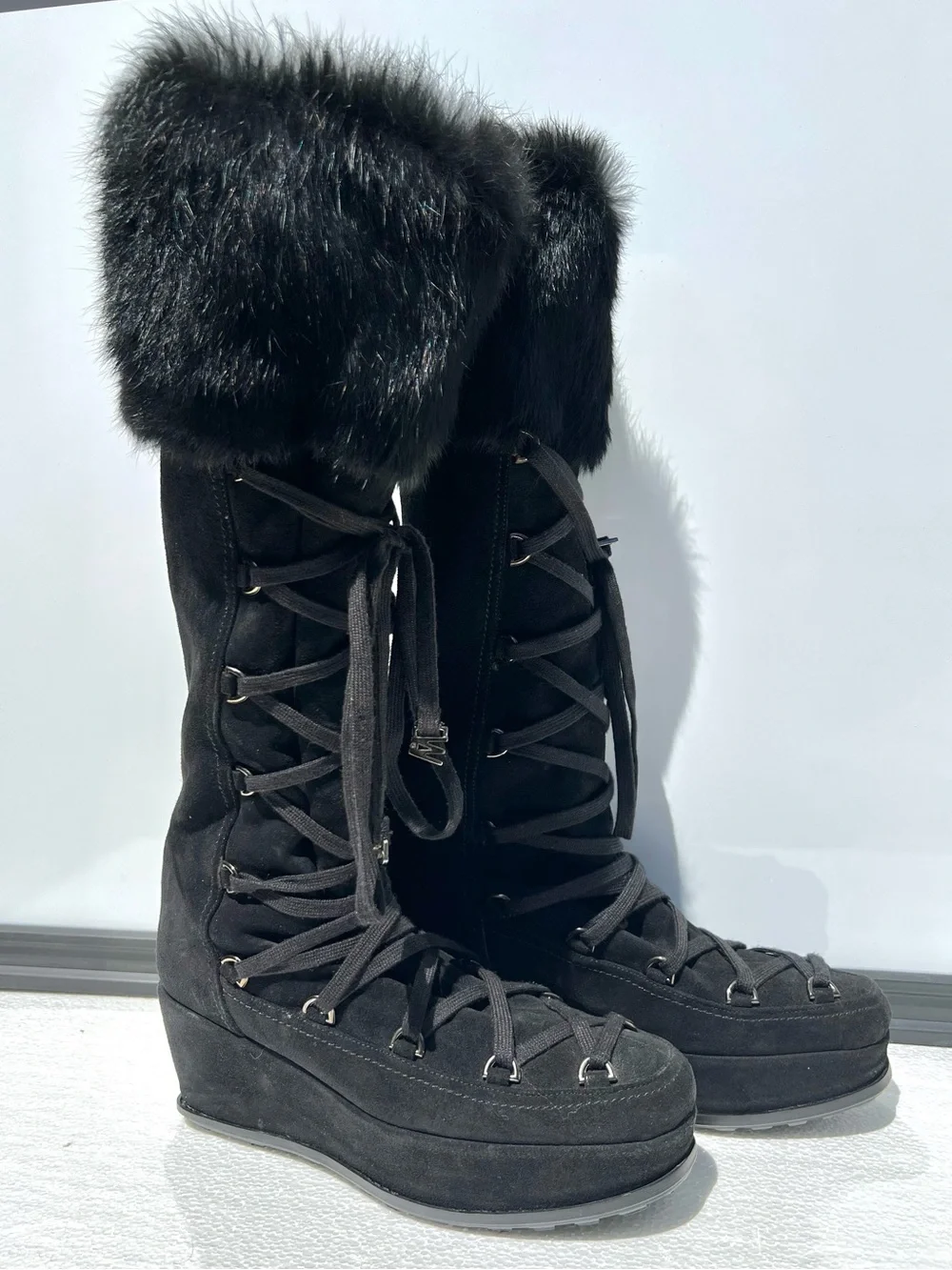 Stuart Weitzman Women's Black Suede Knee High Lace Up Fur Boots Platform 7.5